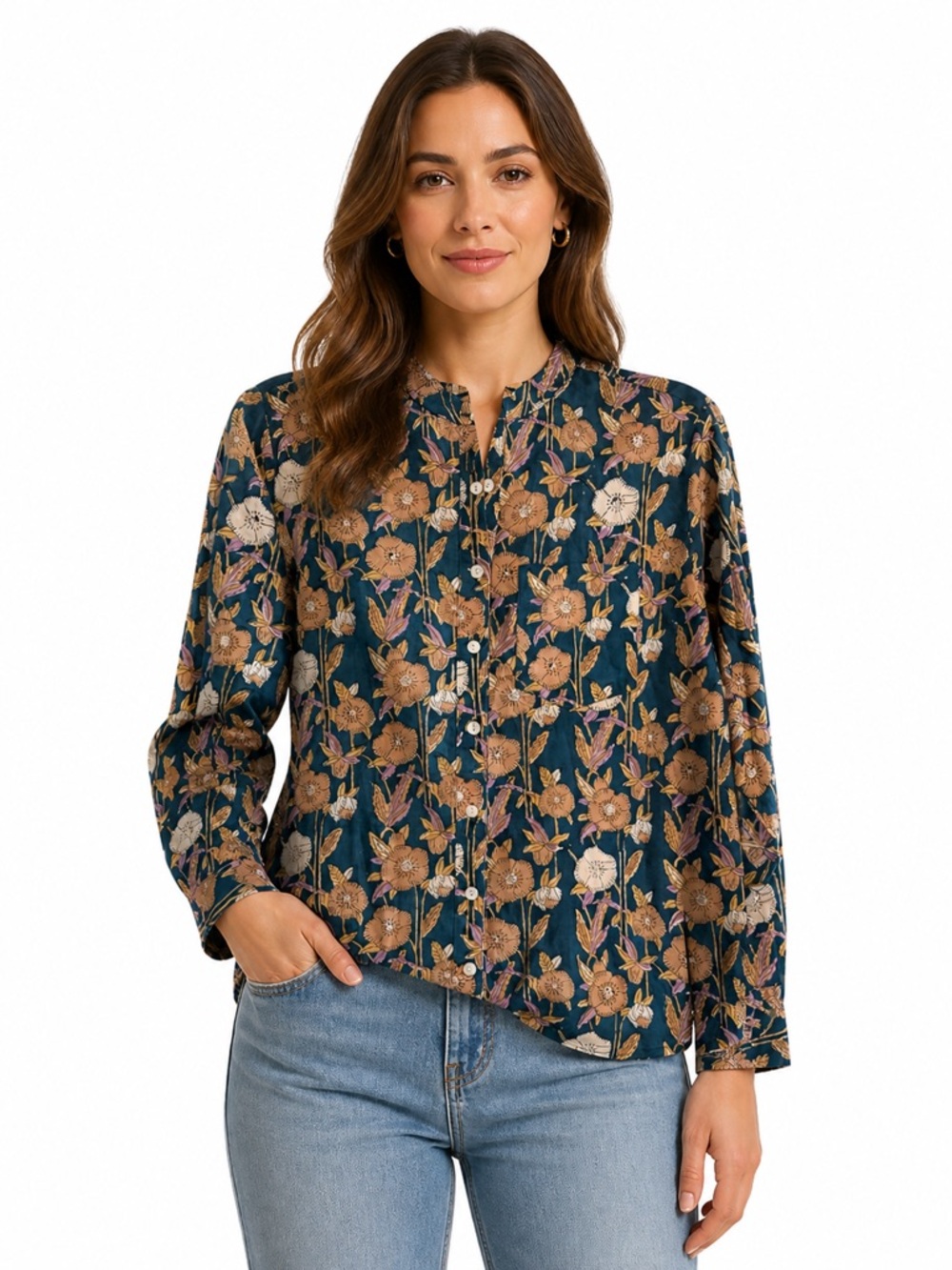 NWT Perry Walker Collective Celia Long Sleeve Boho Blouse Teal Floral Small